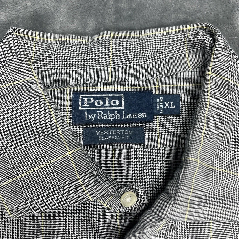 Polo Ralph Lauren Shirt Mens XL Gray Plaid Houndstooth‎ Long Sleeve Button Up